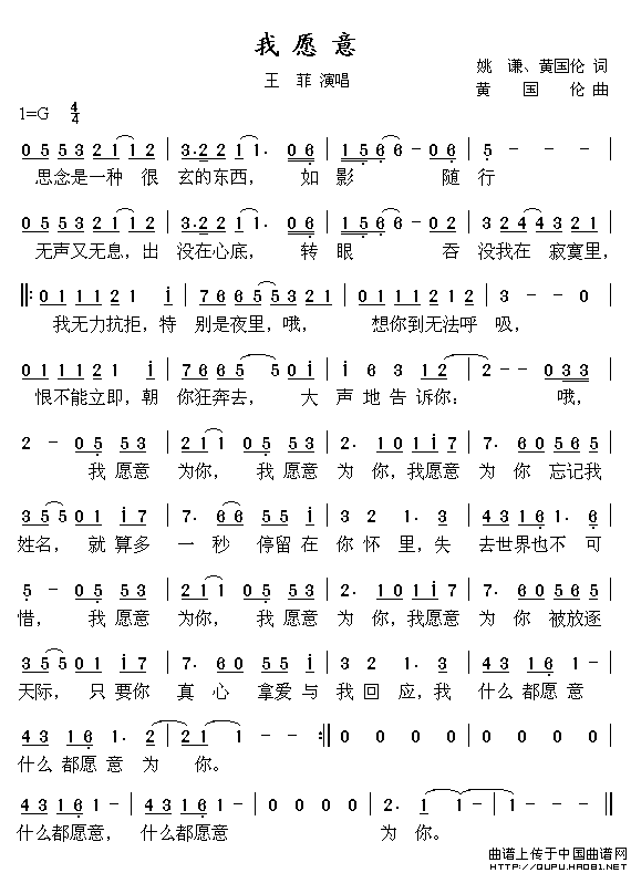 王菲《我愿意》简谱